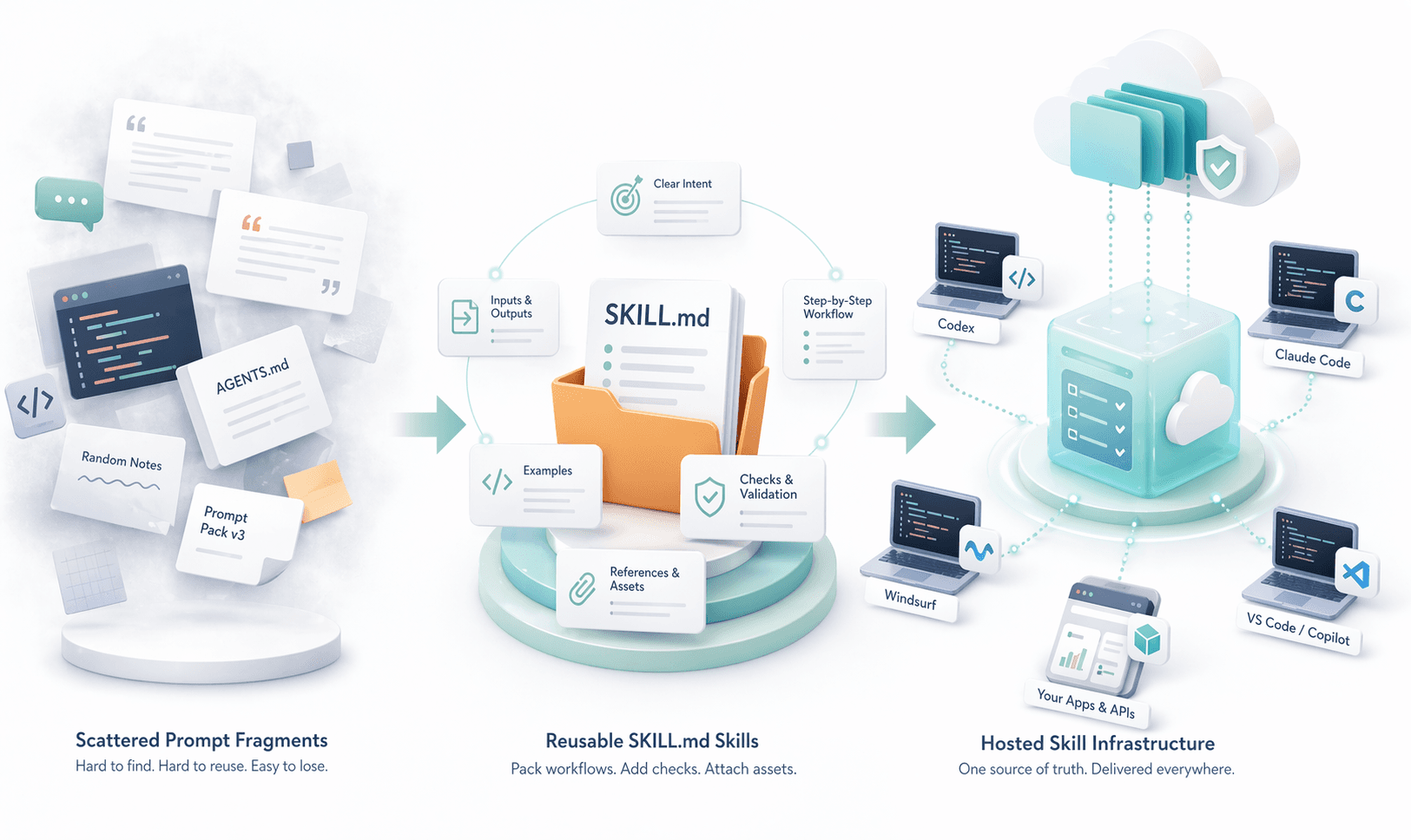 A clean editorial diagram showing isolated prompt fragments on the left, reusable SKILL.md-based workflows in the center, and hosted skill infrastructure serving multiple agent tools on the right.